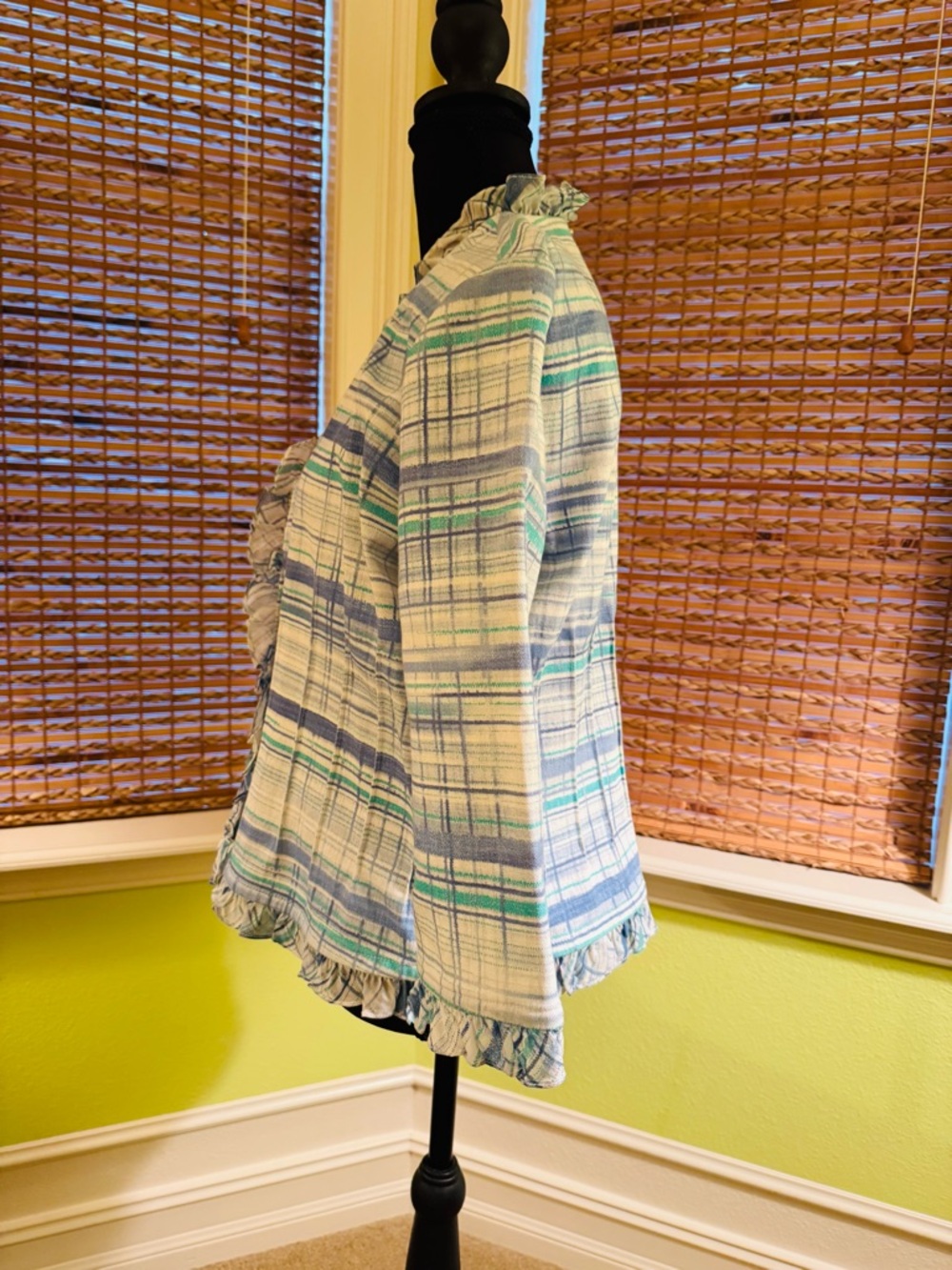 St. John Sport by Marie Gray Cream, Blue & Teal Plaid Fringe-Trim Jacket - Picture 3 of 5